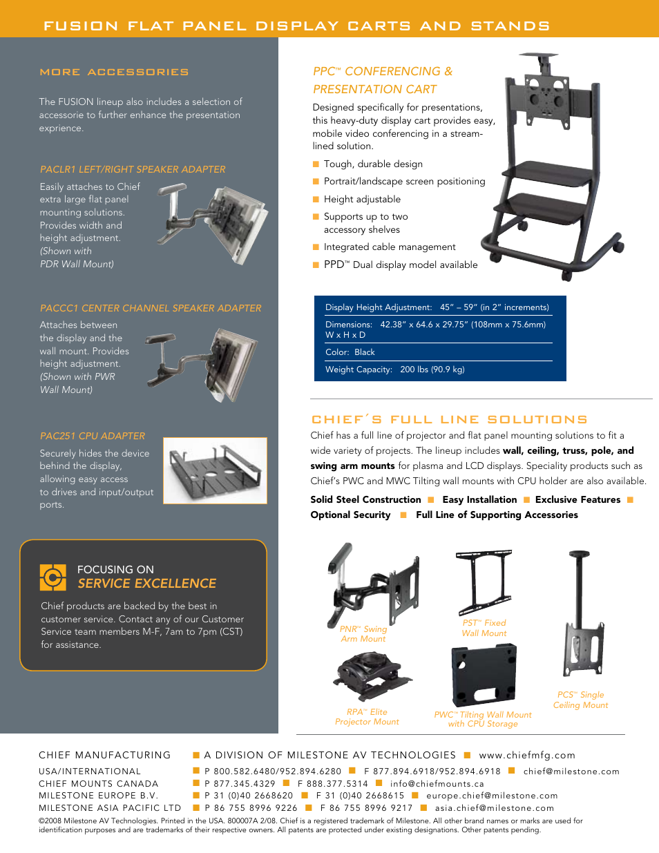 Fusion flat panel display carts and stands, More accessories, Chief«s full line solutions | Service excellence, Conferencing & presentation cart | Chief Manufacturing Fusion Mobile Carts & Stands User Manual | Page 6 / 6