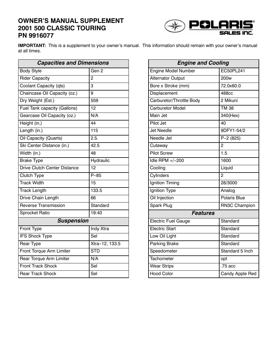 Polaris 2001 500 Classic Touring User Manual | 2 pages