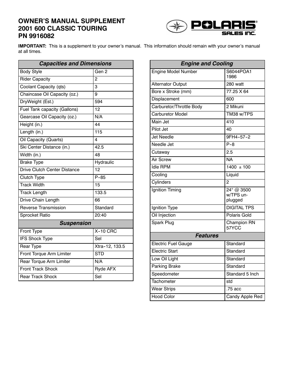 Polaris 2001 600 Classic Touring User Manual | 2 pages