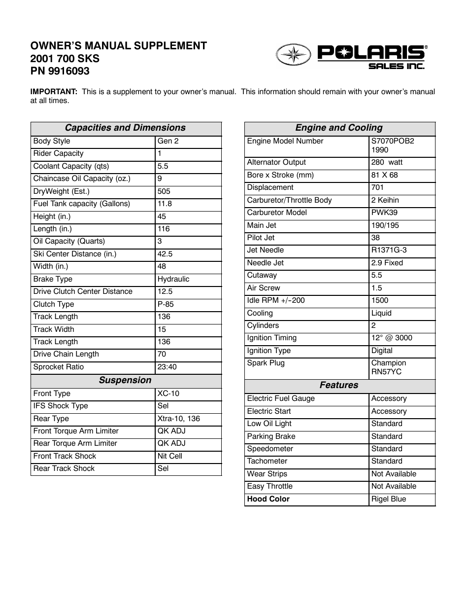 Polaris 2001 700 SKS User Manual | 2 pages