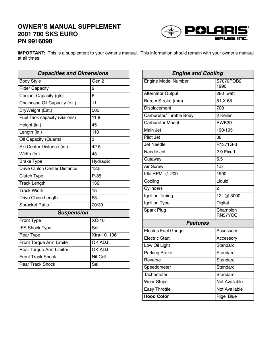 Polaris 2001 700 SKS Euro User Manual | 2 pages