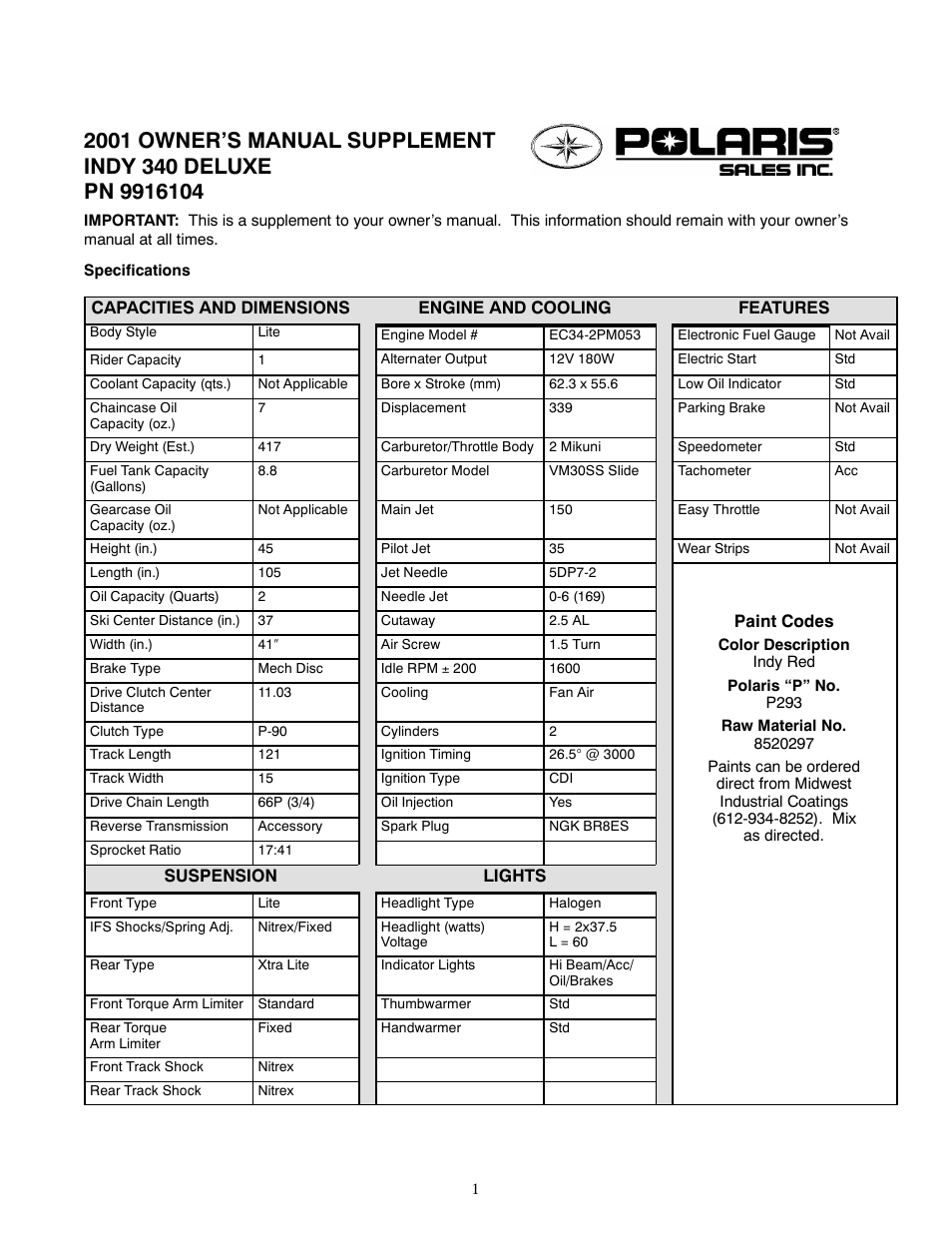 Polaris 2001 Indy 340 Deluxe User Manual | 2 pages