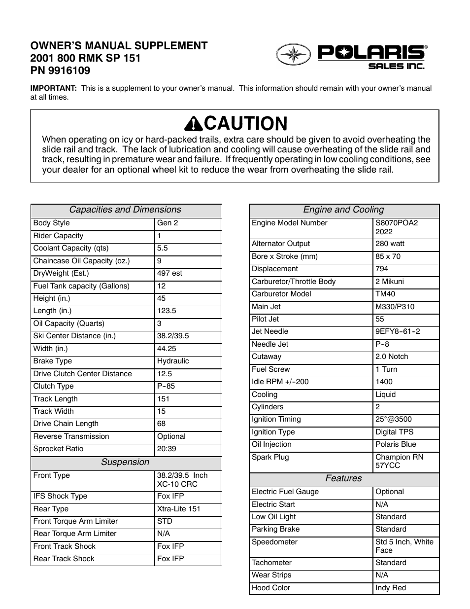 Polaris 2001 800 RMK SP 151 User Manual | 2 pages