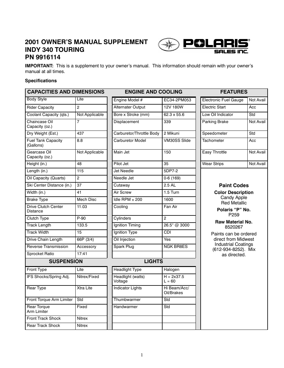 Polaris 2001 Indy 340 Touring User Manual | 2 pages