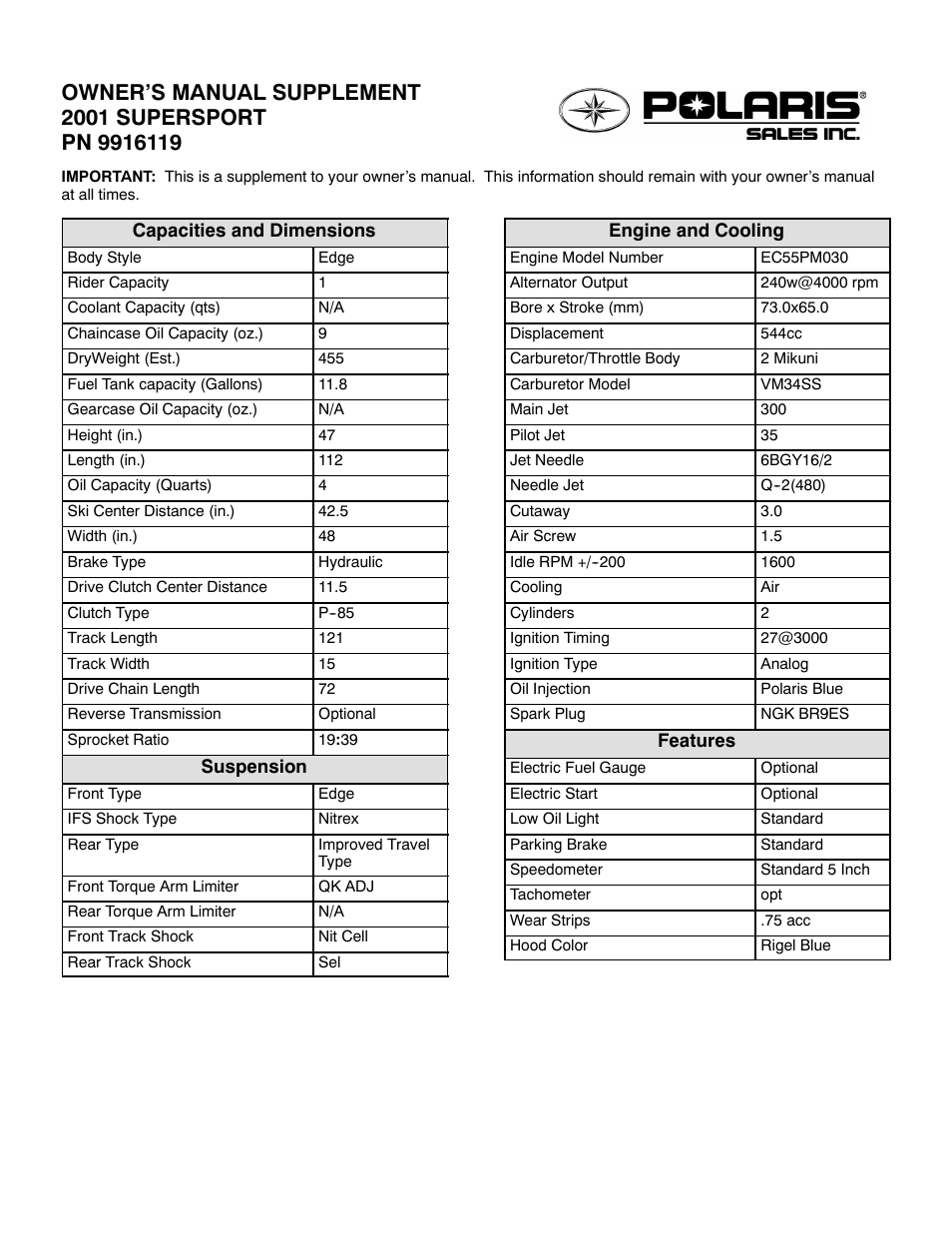 Polaris 2001 Supersport User Manual | 2 pages