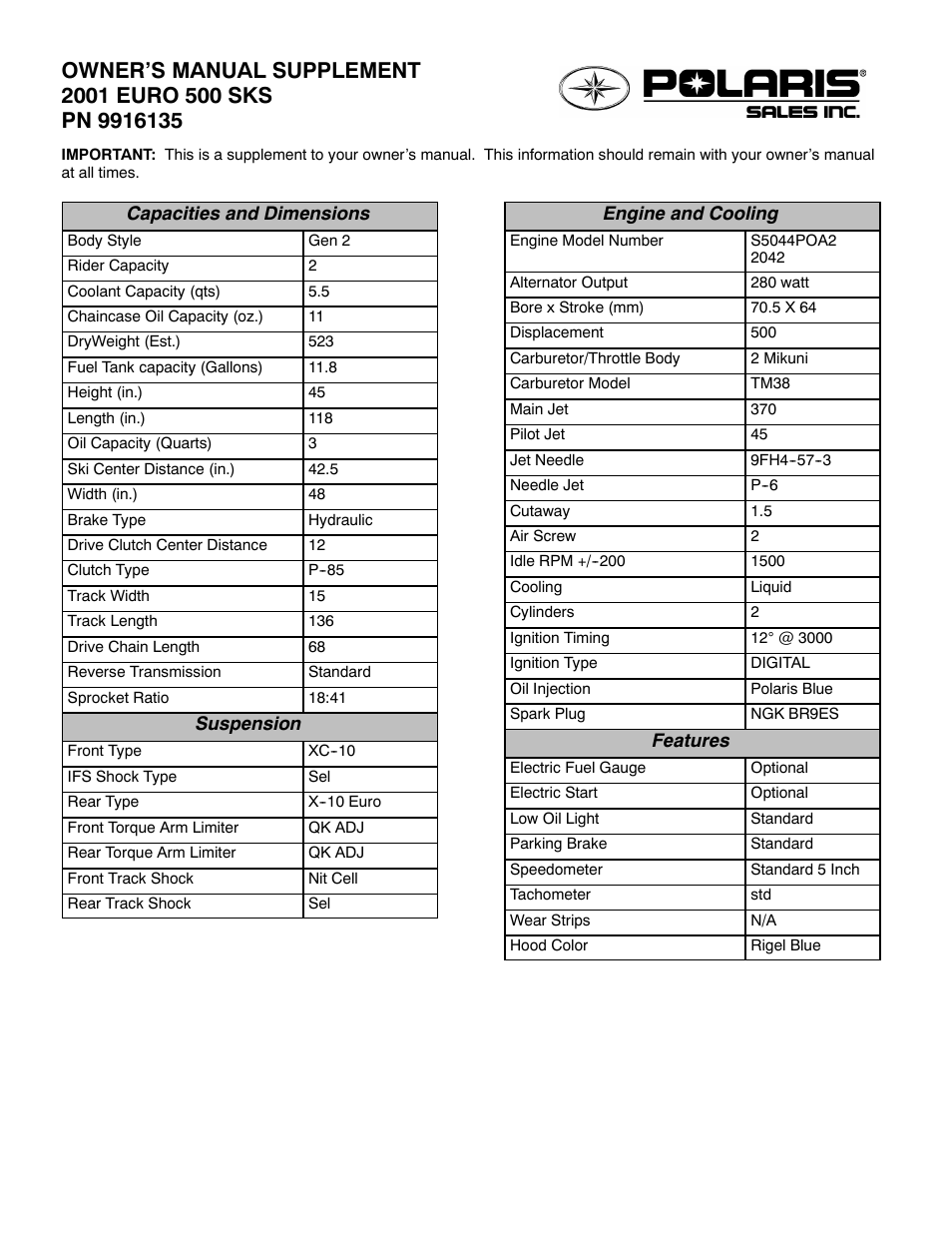 Polaris 2001 Euro 500 SKS User Manual | 2 pages