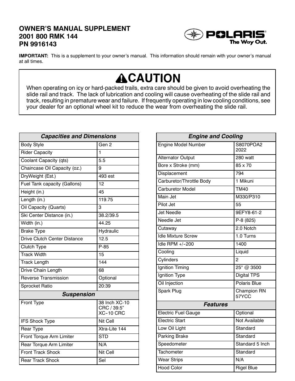 Polaris 2001 800 RMK 144 User Manual | 2 pages