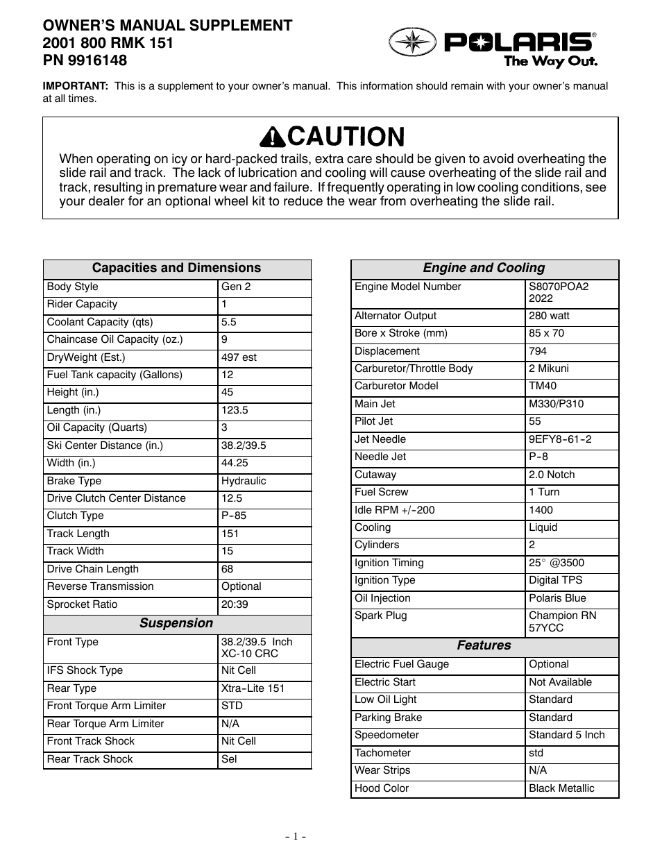 Polaris 2001 800 RMK 151 User Manual | 2 pages