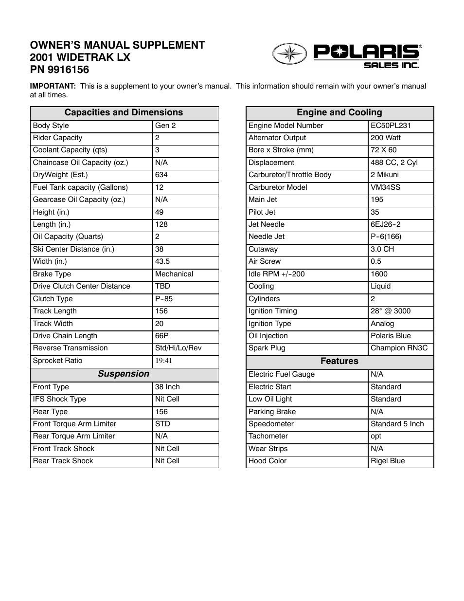 Polaris 2001 Widetrak LX User Manual | 2 pages