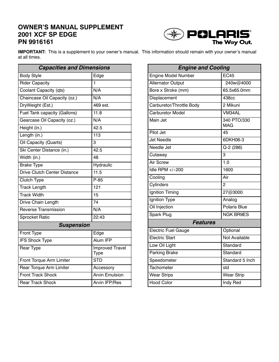 Polaris 2001 XCF SP Edge User Manual | 2 pages