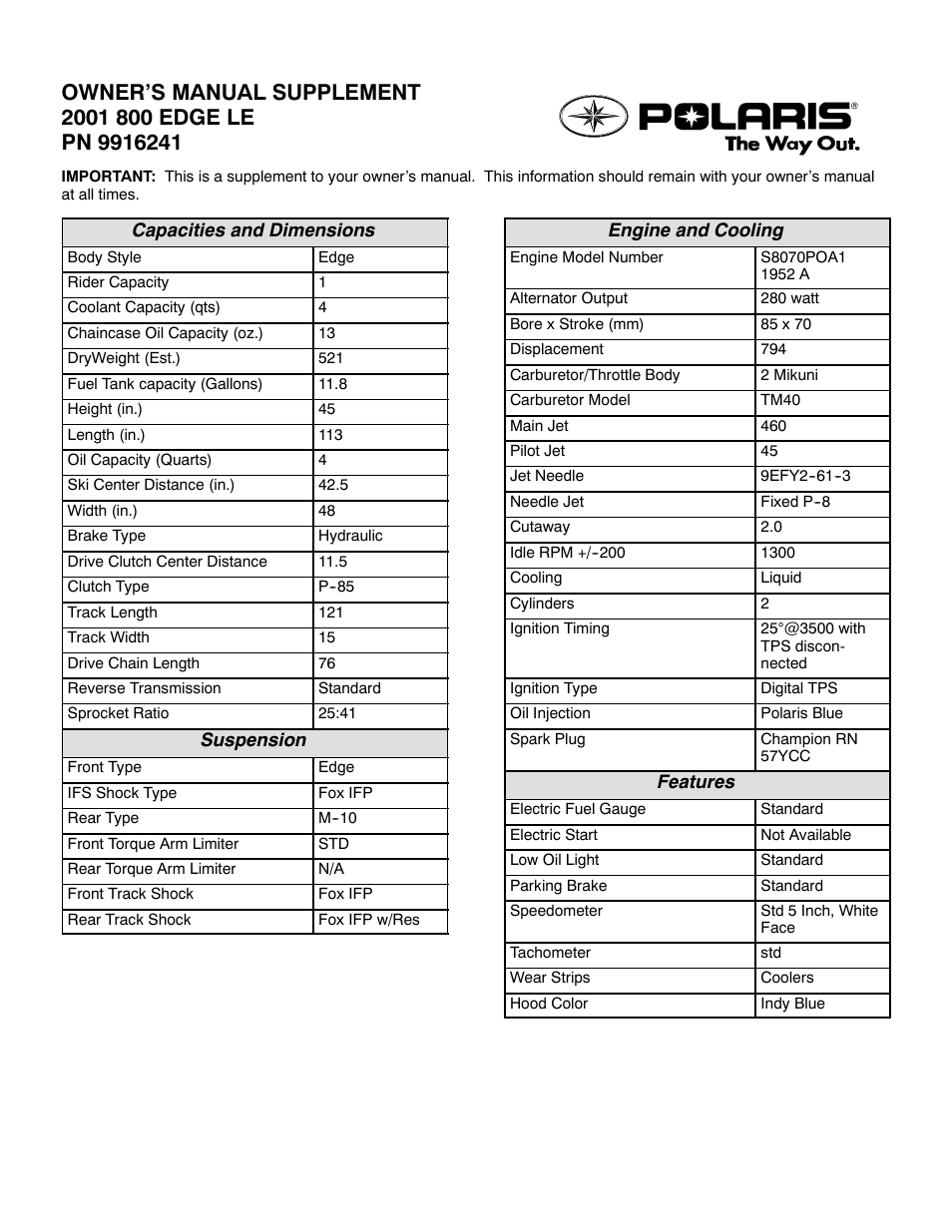 Polaris 2001 800 Edge LE User Manual | 2 pages