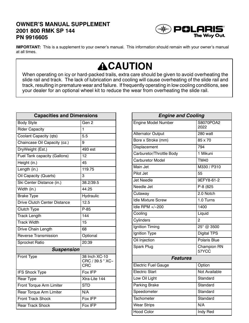 Polaris 2001 800 RMK SP 144 User Manual | 2 pages