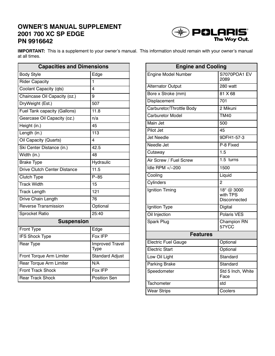 Polaris 2001 700 XC SP Edge User Manual | 2 pages