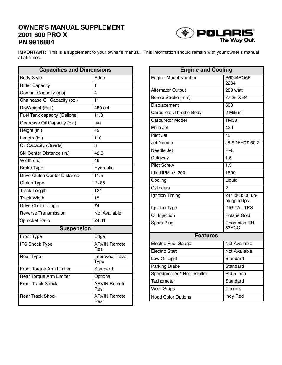 Polaris 2001 600 PRO X User Manual | 2 pages