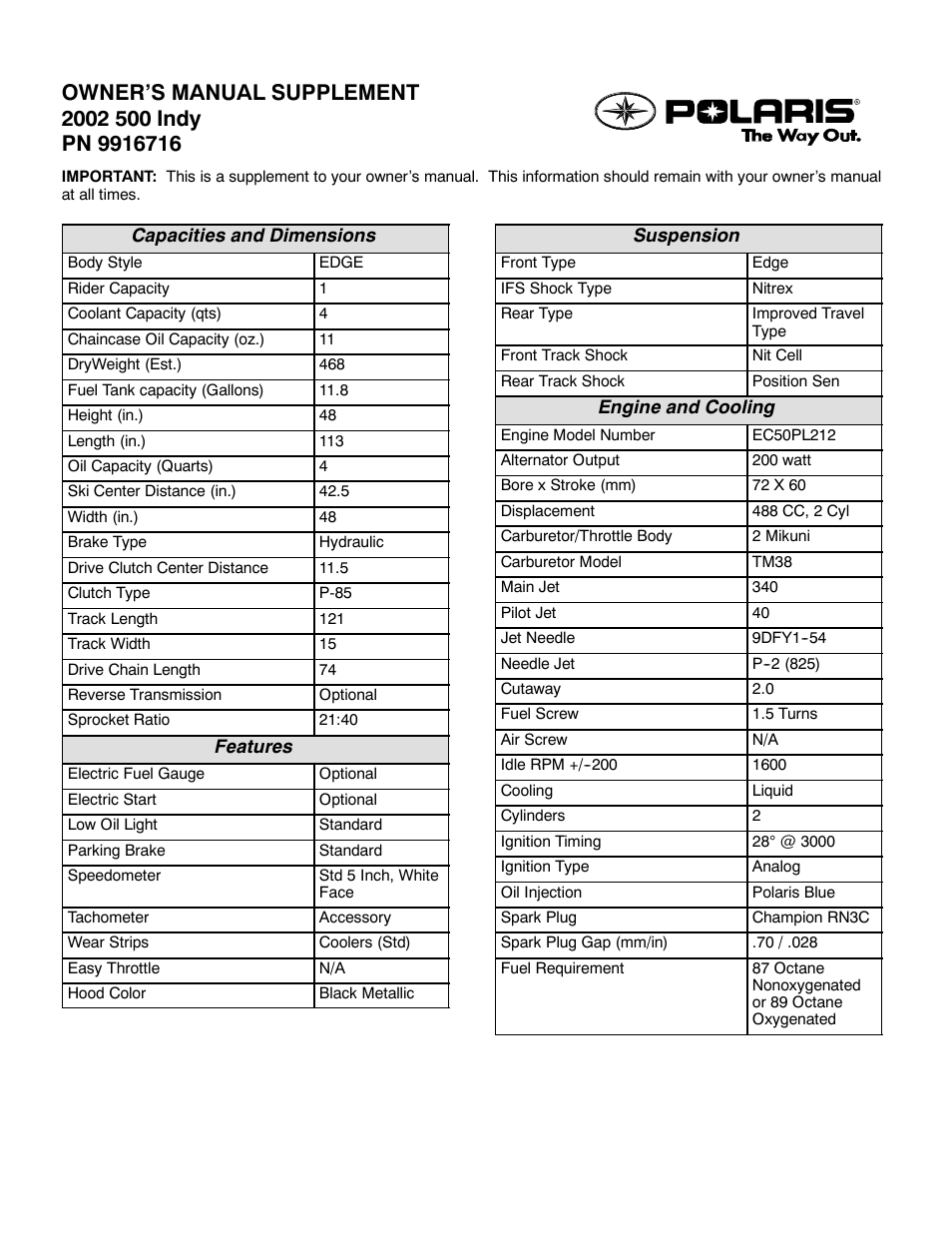 Polaris 2002 Indy 500 User Manual | 2 pages