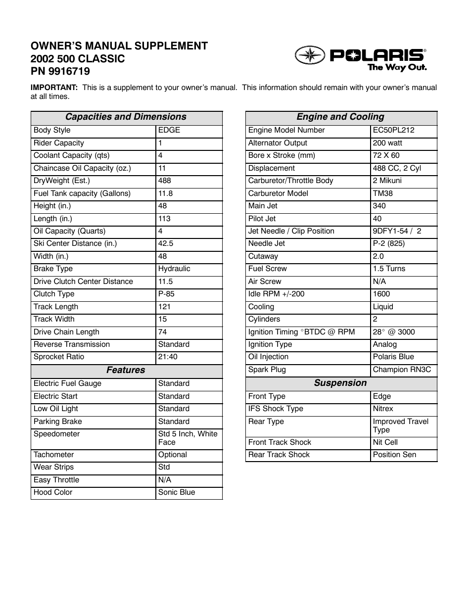 Polaris 2002 500 Classic User Manual | 2 pages
