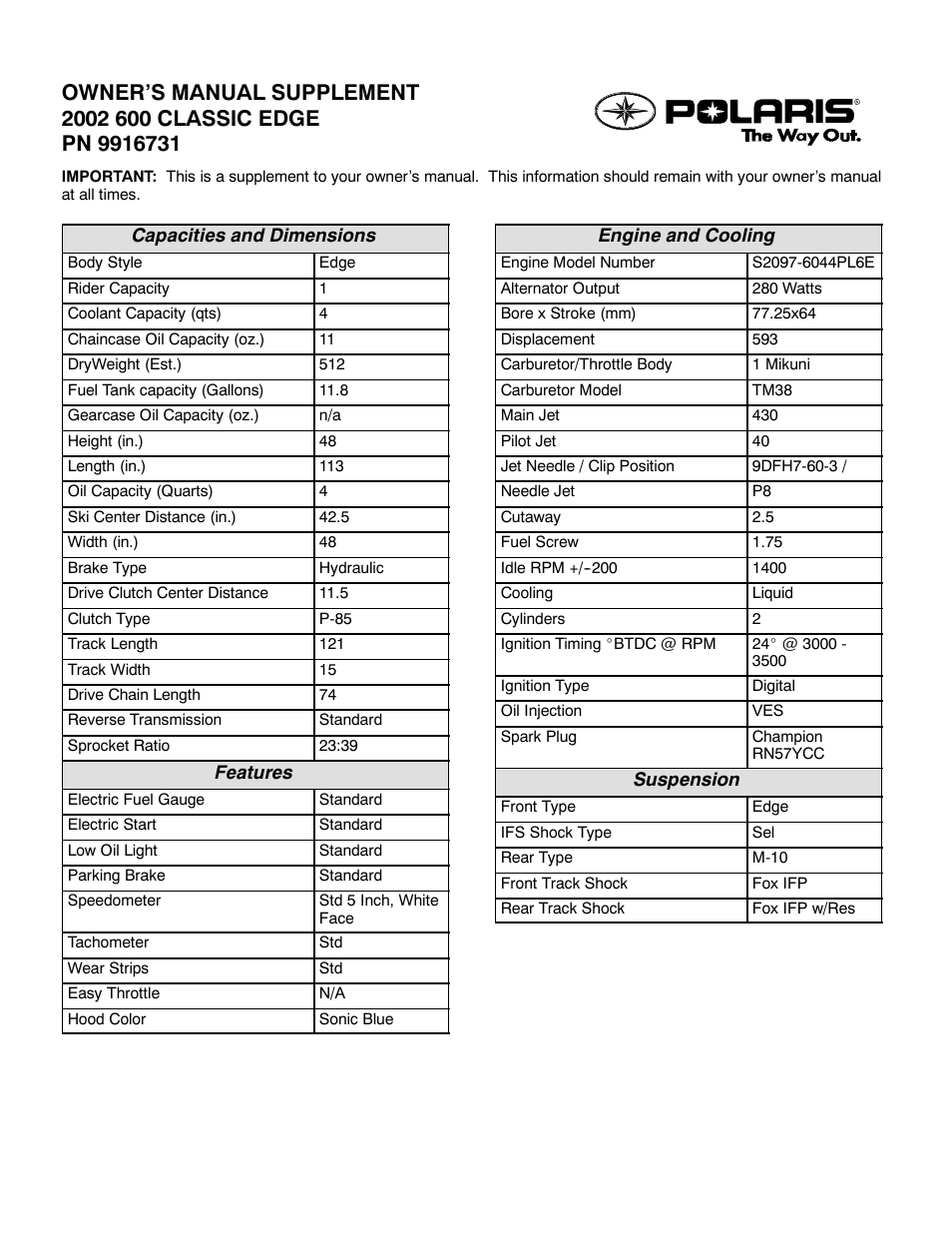 Polaris 2002 600 Classic Edge User Manual | 2 pages