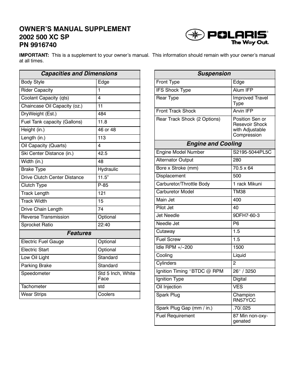 Polaris 2002 500 XC SP User Manual | 2 pages