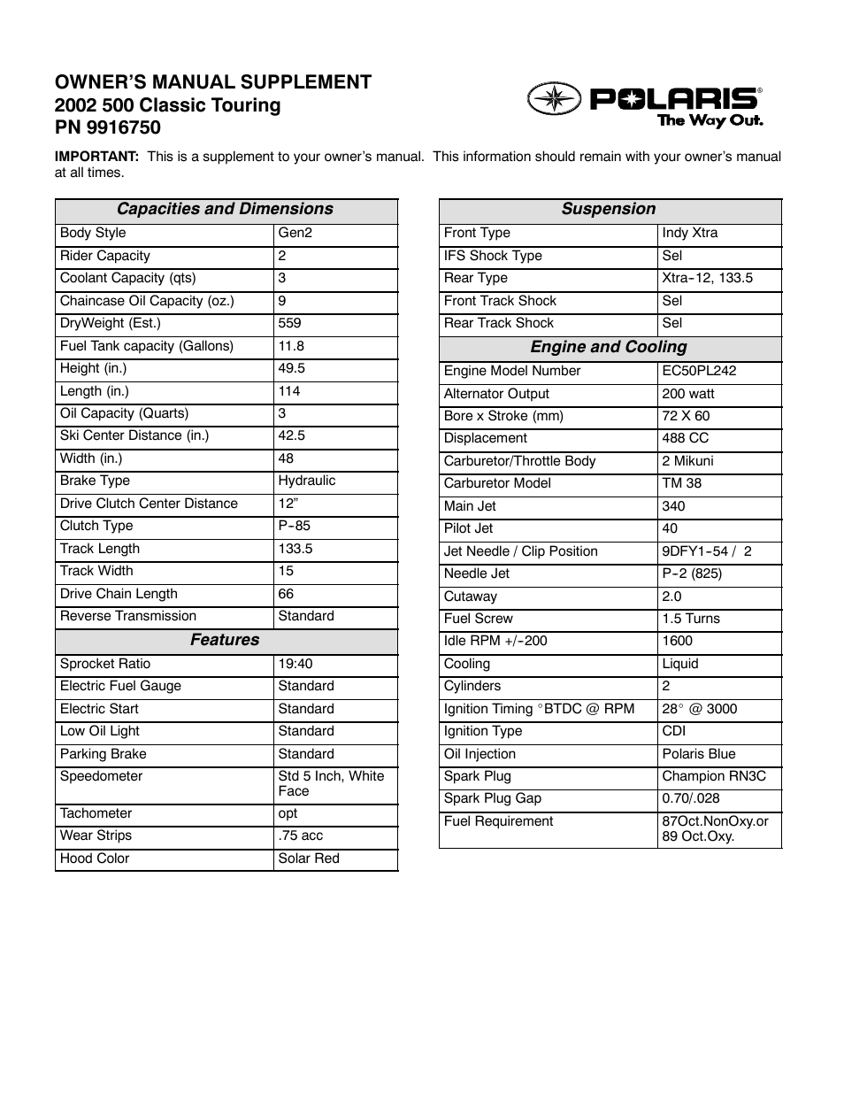Polaris 2002 500 Classic Touring User Manual | 2 pages