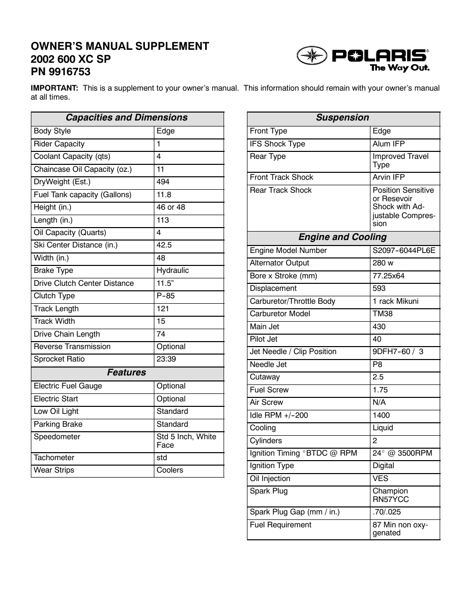 Polaris 2002 600 XC SP User Manual | 2 pages