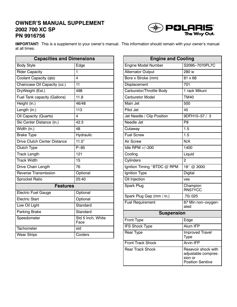 Polaris 2002 700 XC SP User Manual | 2 pages