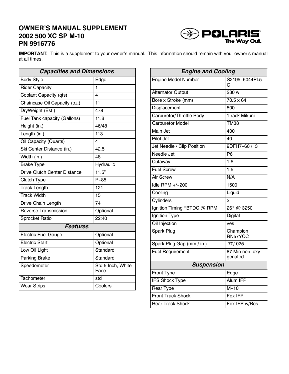 Polaris 2002 500 XC SP M-10 User Manual | 2 pages