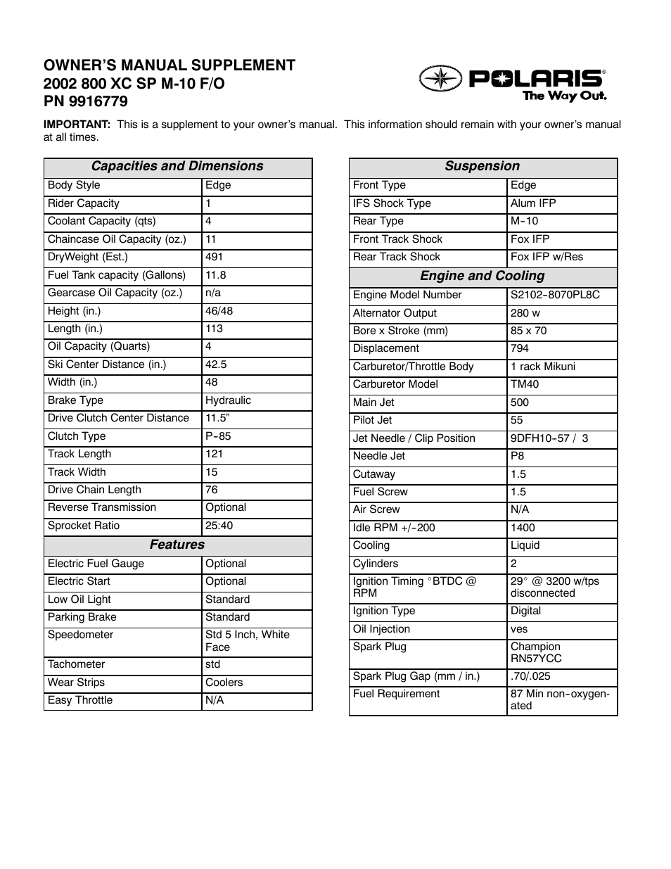 Polaris 2002 800 XC SP M-10 F/O User Manual | 2 pages