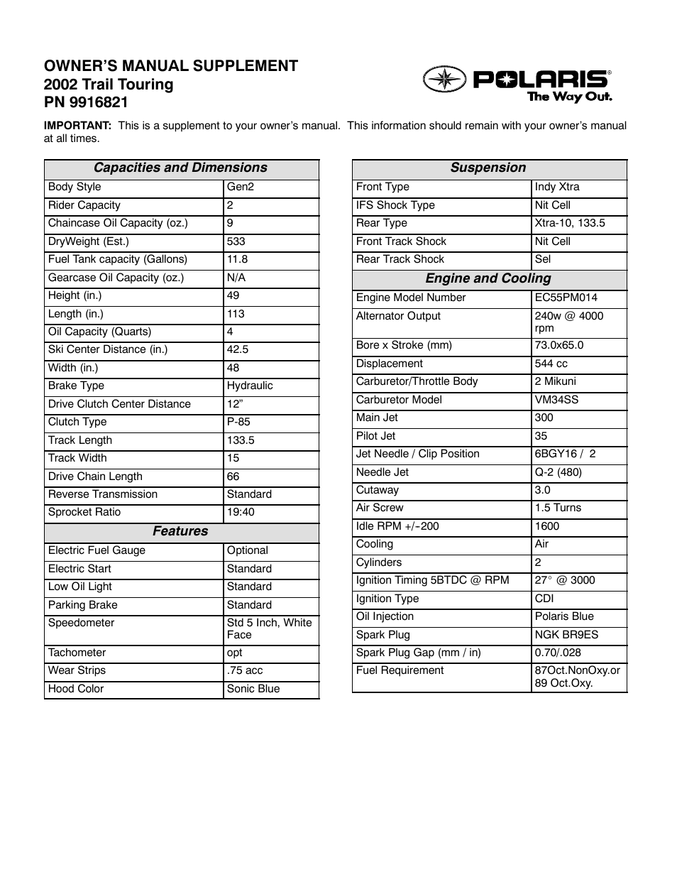 Polaris 2002 Trail Touring User Manual | 2 pages