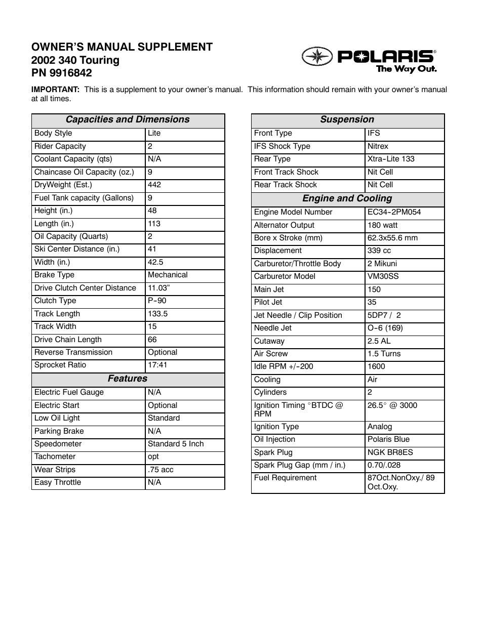 Polaris 2002 340 Touring User Manual | 2 pages