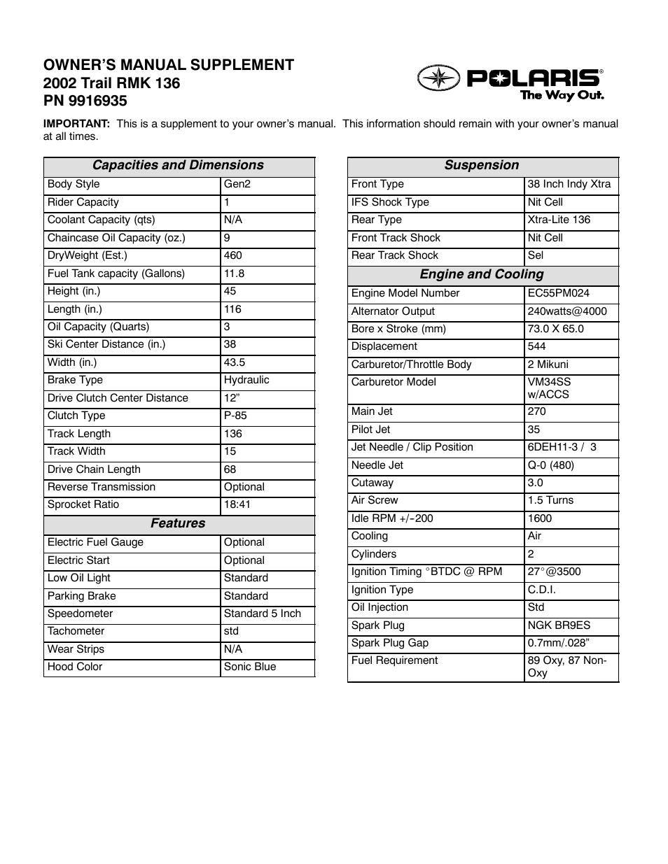 Polaris 2002 Trail RMK 136 User Manual | 2 pages