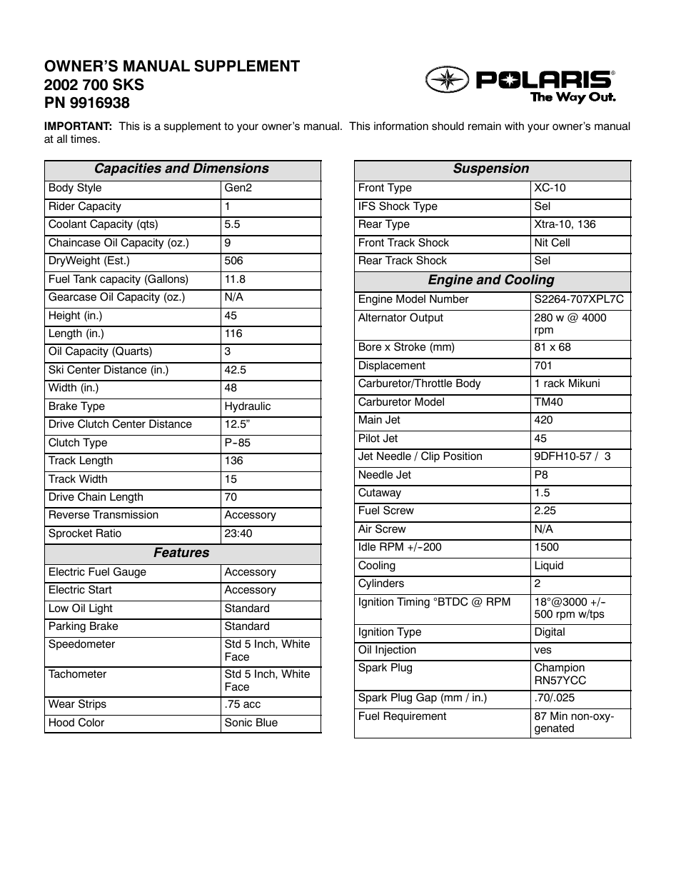 Polaris 2002 700 SKS User Manual | 2 pages