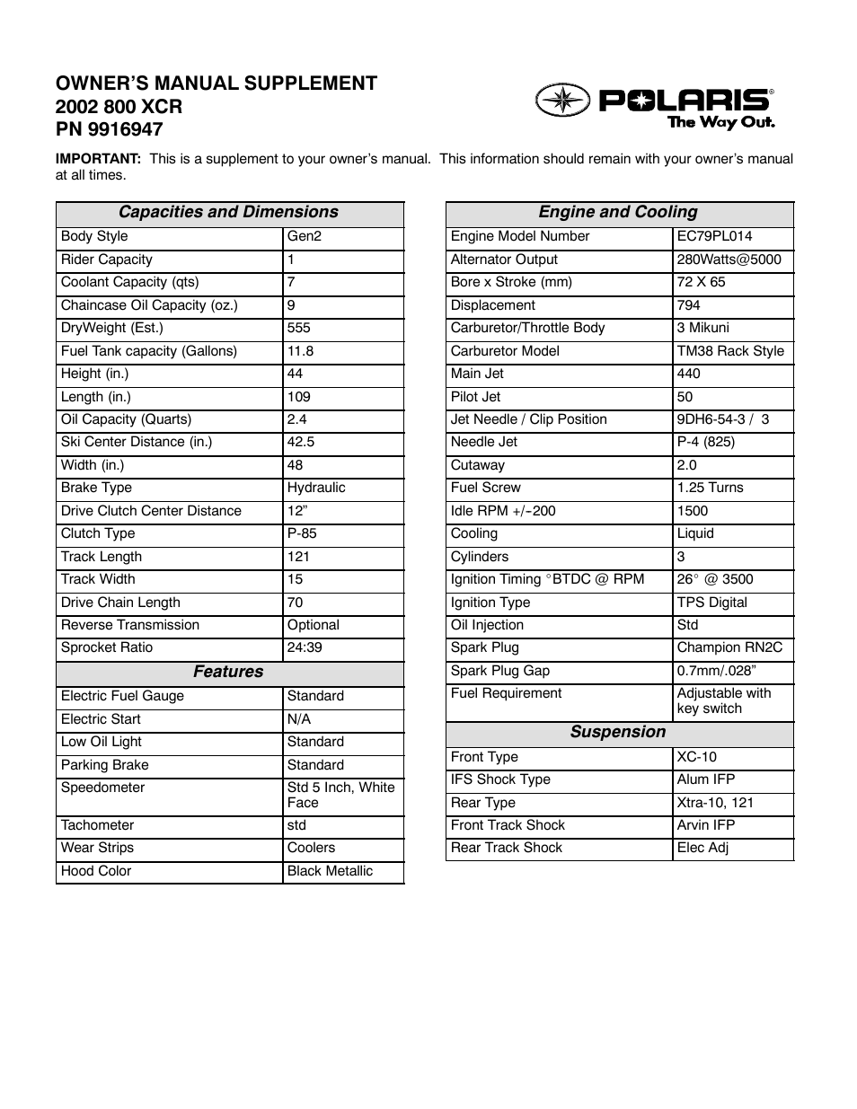 Polaris 2002 800 XCR User Manual | 2 pages