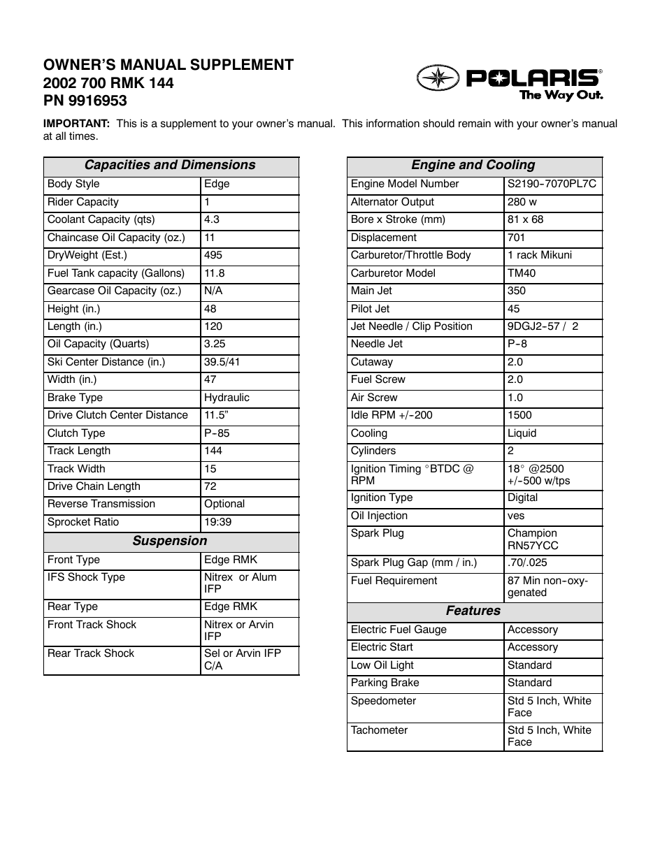 Polaris 2002 700 RMK 144 User Manual | 2 pages