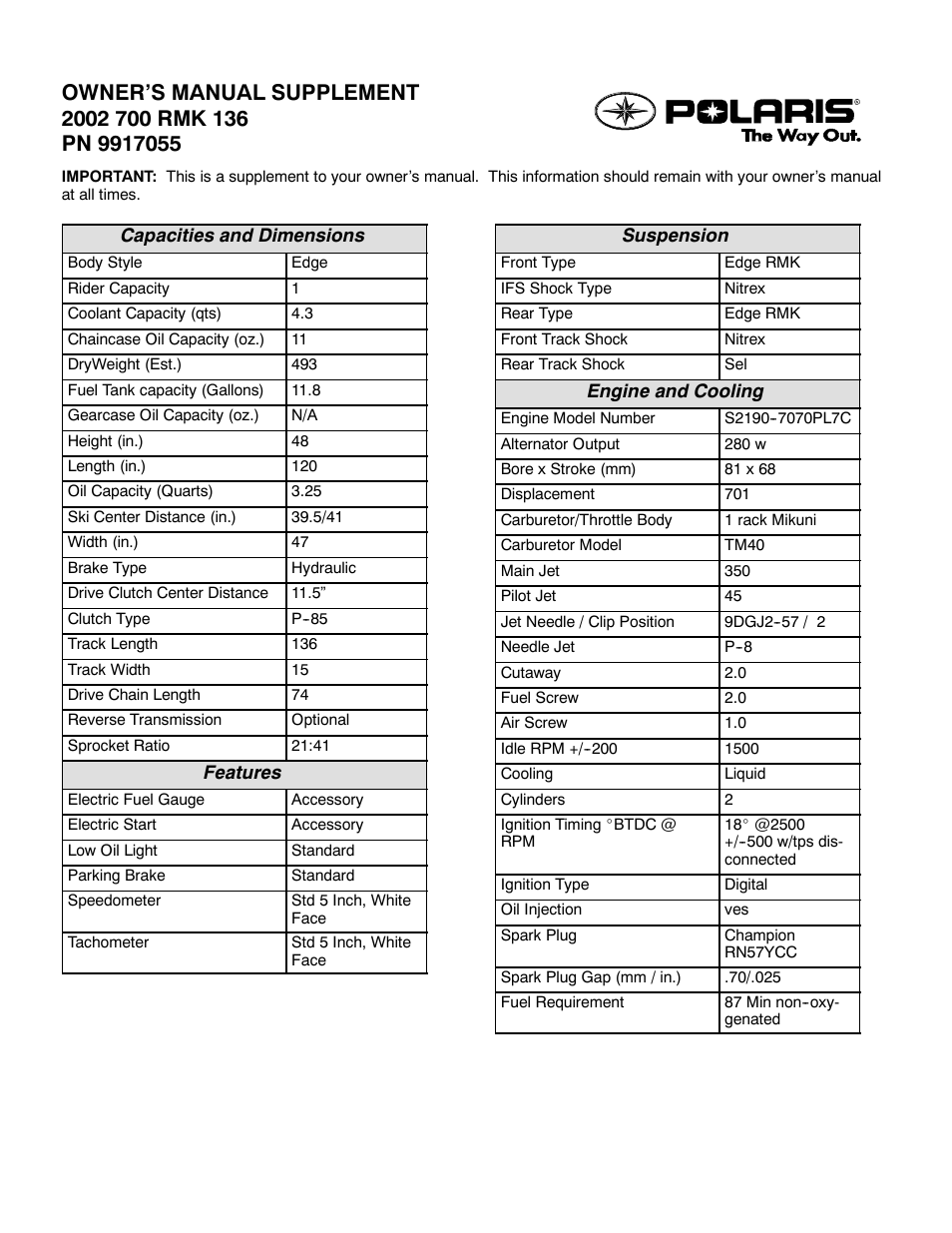 Polaris 2002 700 RMK 136 User Manual | 2 pages