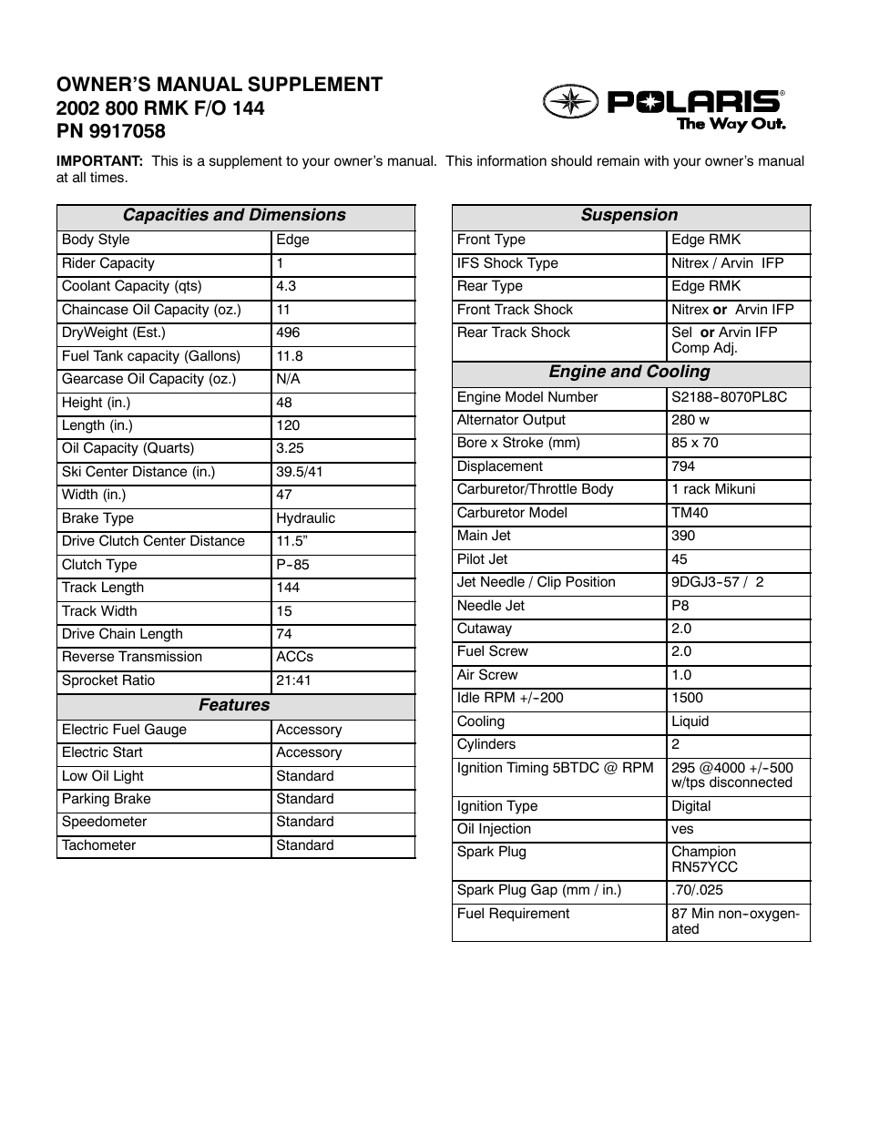 Polaris 2002 800 RMK F/O 144 User Manual | 2 pages