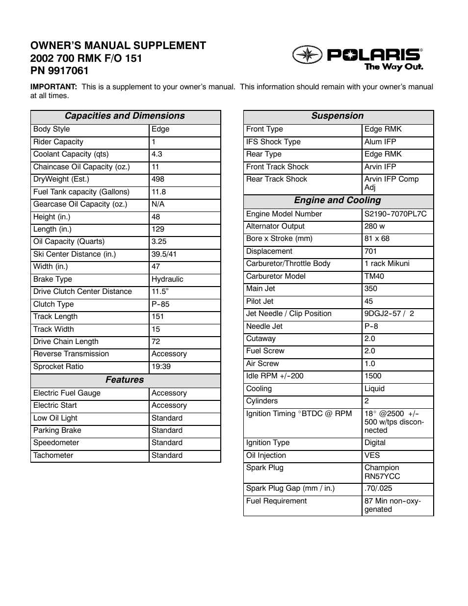 Polaris 2002 700 RMK F/O 151 User Manual | 2 pages