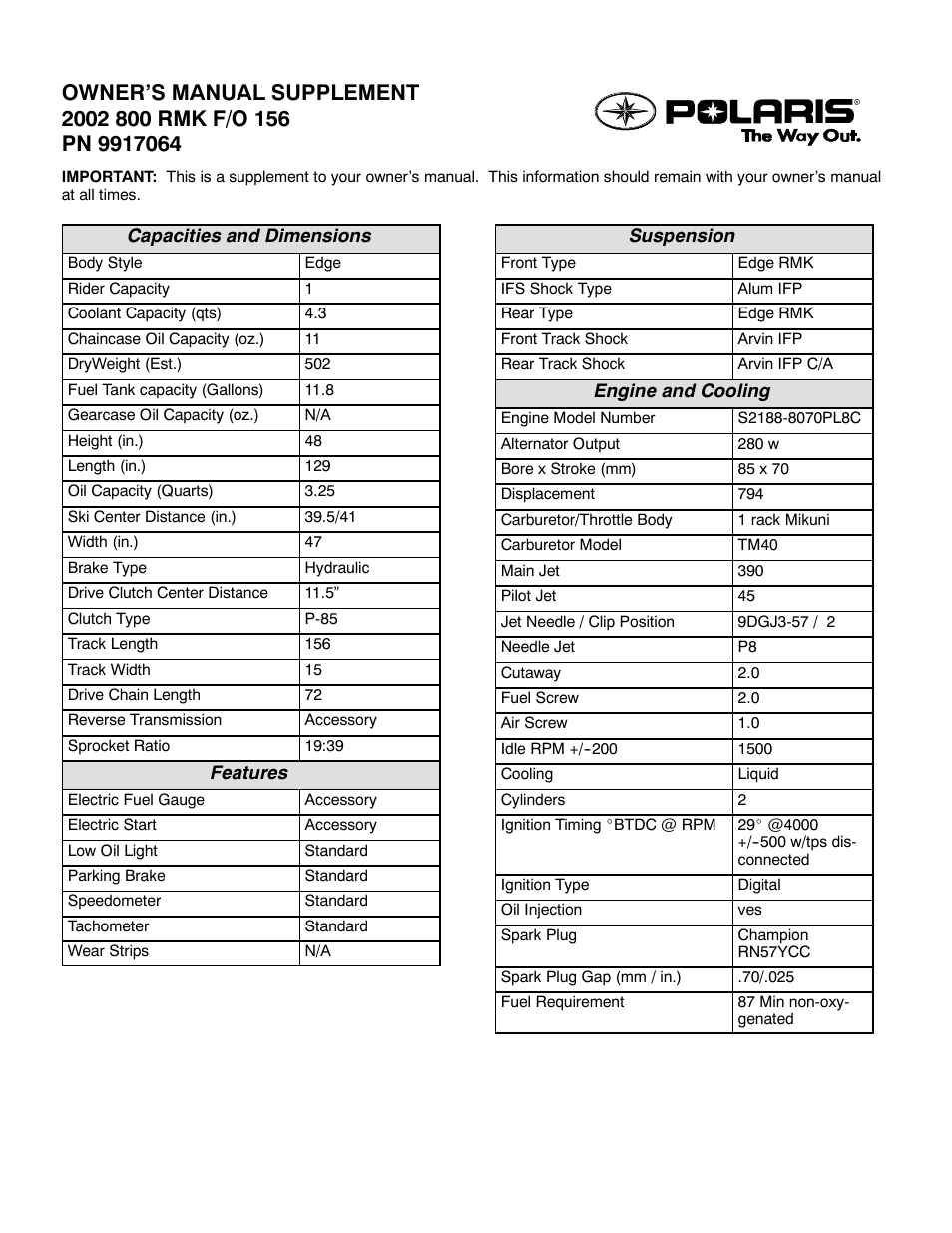 Polaris 2002 800 RMK F/O 156 User Manual | 2 pages