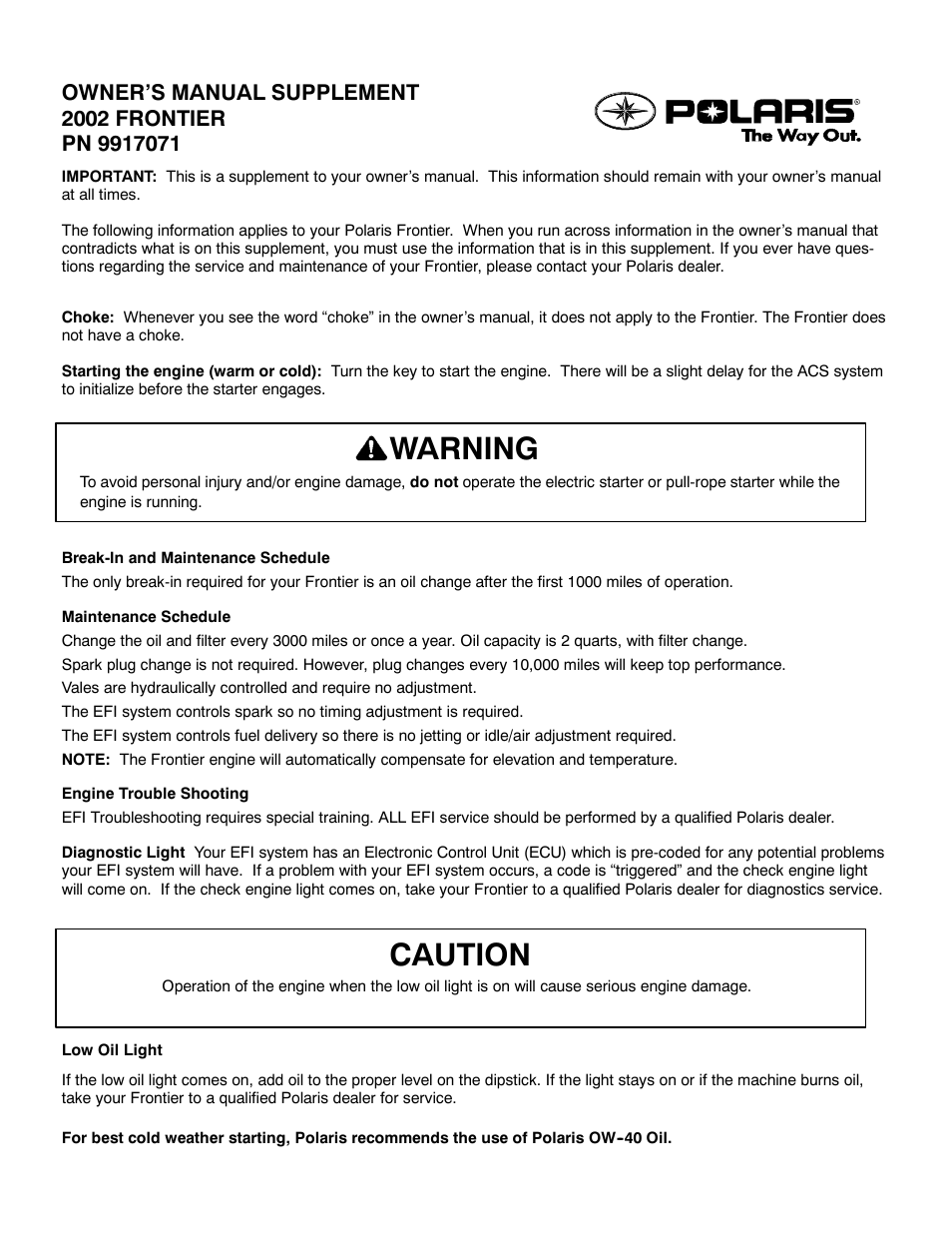 Polaris 2002 Frontier User Manual | 3 pages