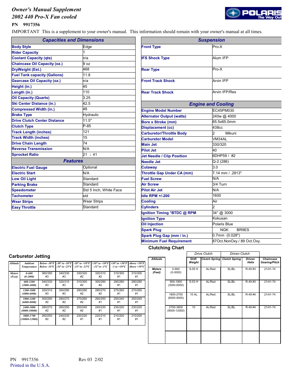 Polaris 2002 440 Pro-X Fan cooled User Manual | 1 page