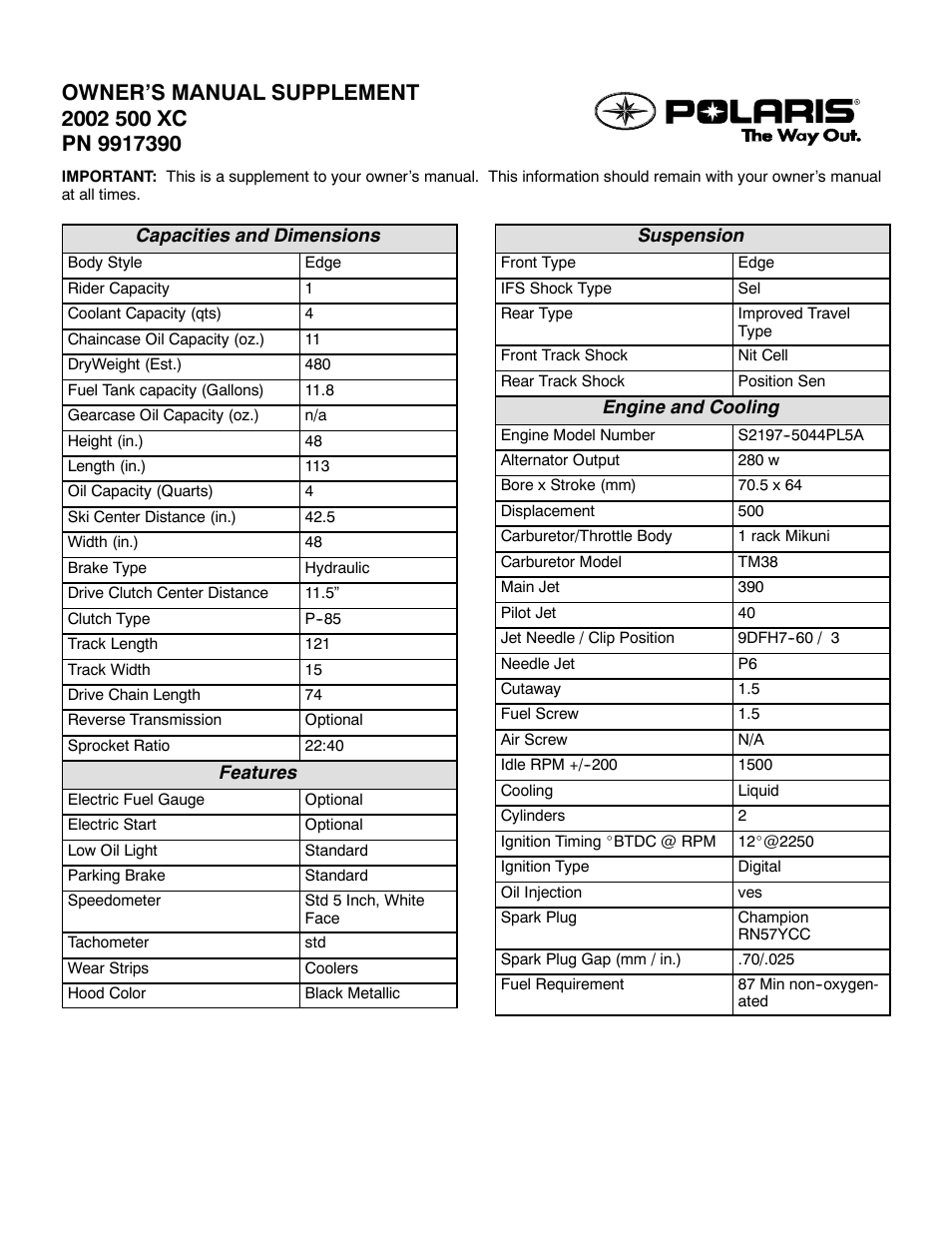 Polaris 2002 500 XC User Manual | 2 pages