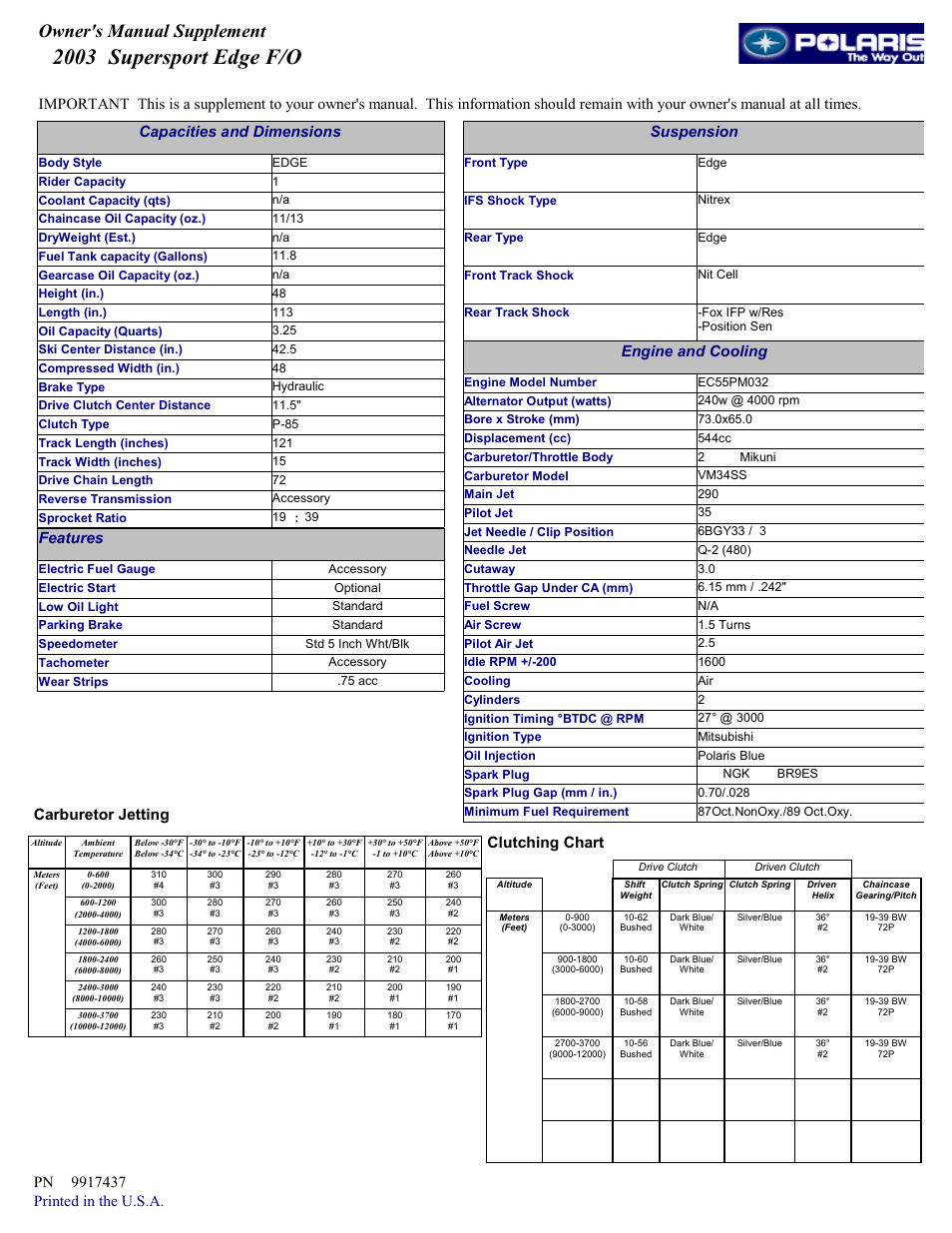 Polaris 2003 Supersport Edge User Manual | 1 page