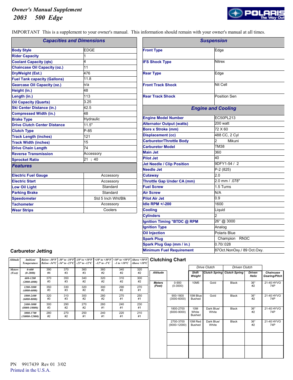 Polaris 2003 500 Edge User Manual | 1 page