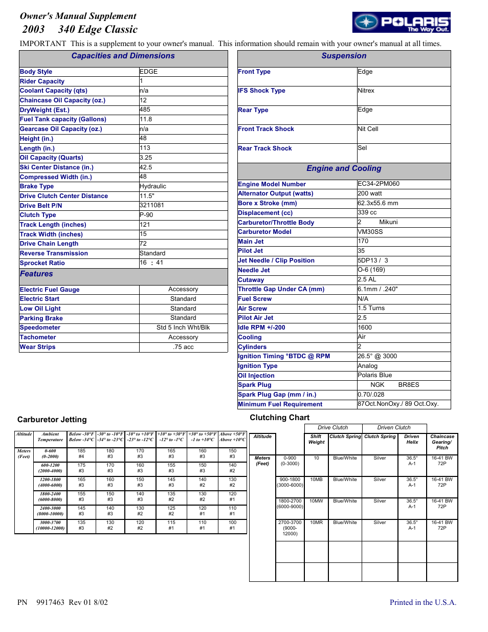 Polaris 2003 340 Edge Classic User Manual | 1 page