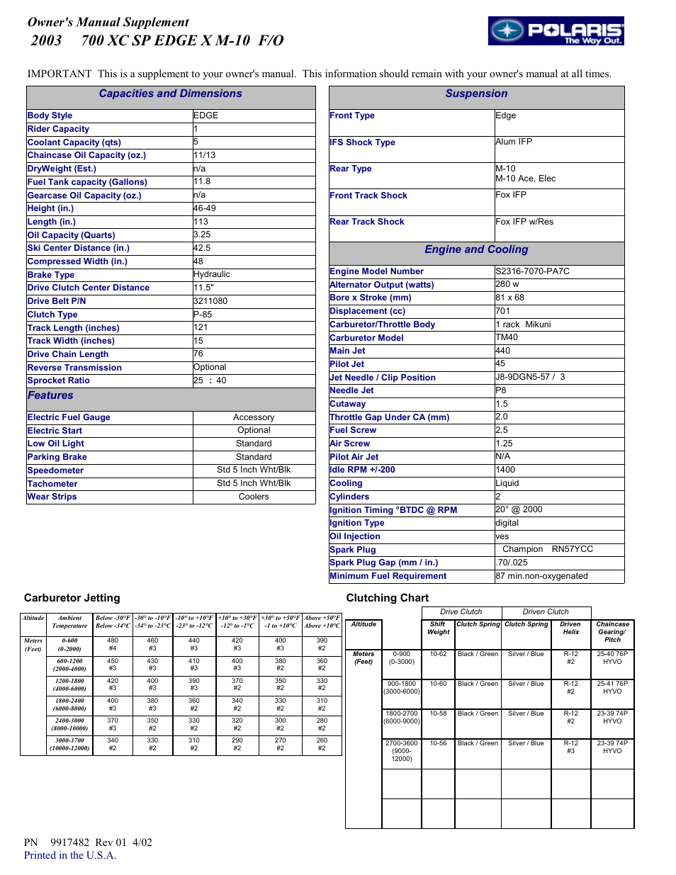 Polaris 2003 700 XS SP Edge X M-10 F/O User Manual | 1 page