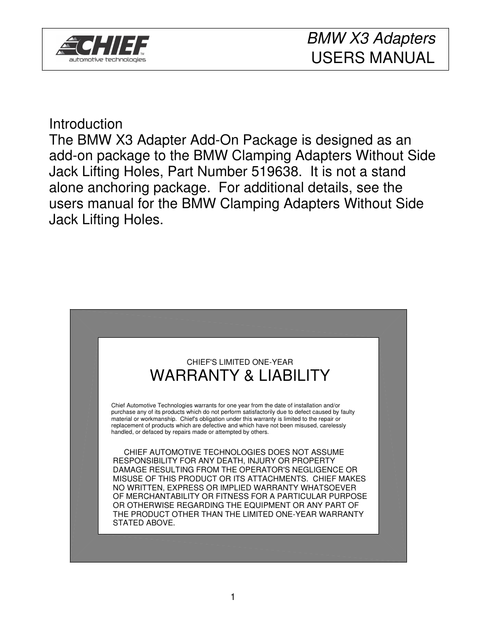 Warranty & liability, Bmw x3 adapters users manual | Chief Manufacturing X3 User Manual | Page 3 / 8
