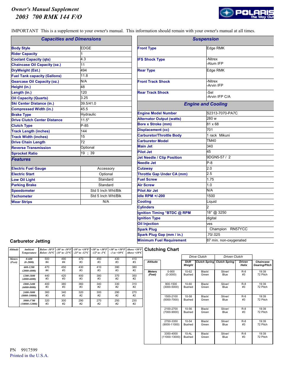 Polaris 2003 700 RMK 144 F/O User Manual | 1 page