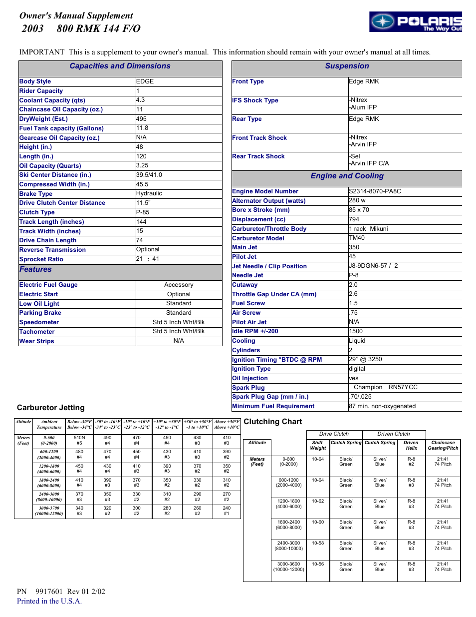 Polaris 2003 800 RMK 144 F/O User Manual | 1 page