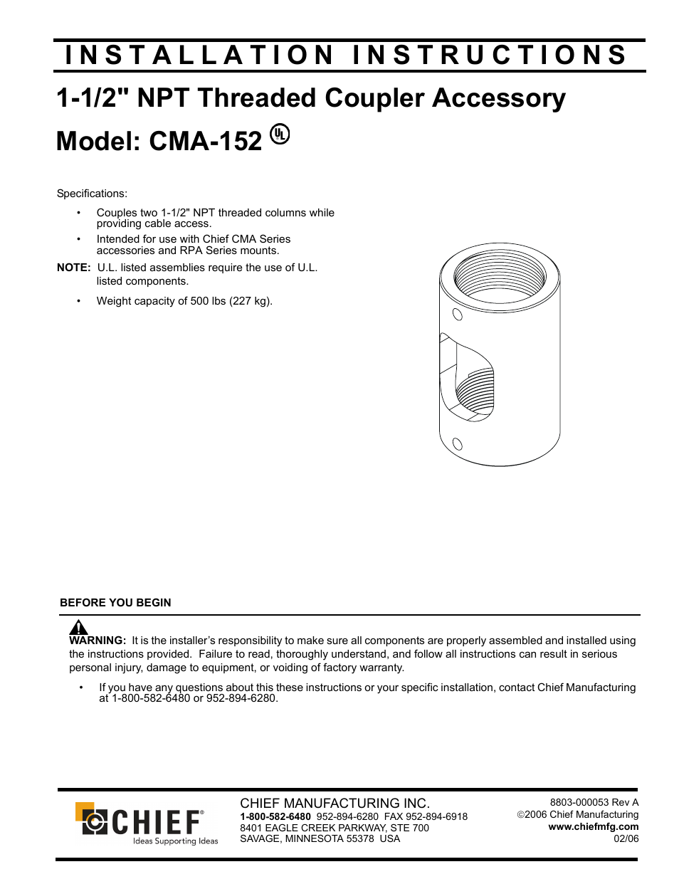 Chief Manufacturing NPT Threaded Coupler Accessory CMA-152 User Manual | 4 pages