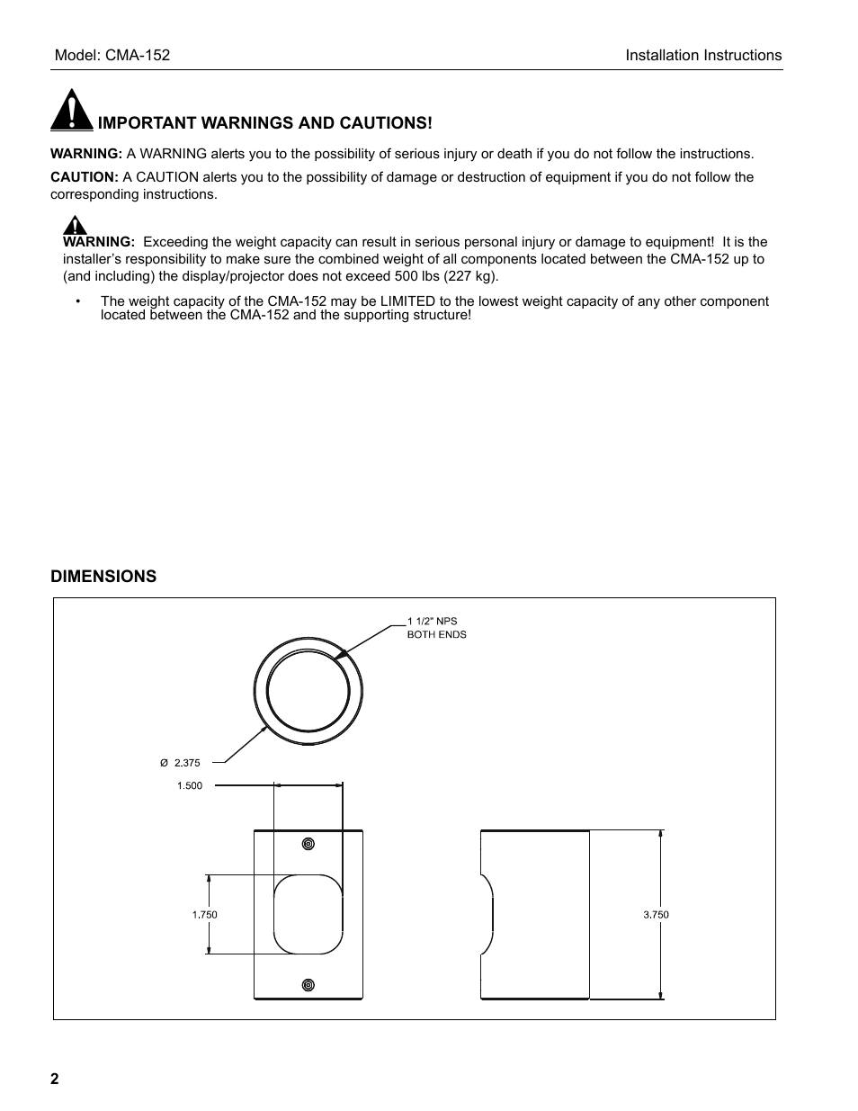 Chief Manufacturing NPT Threaded Coupler Accessory CMA-152 User Manual | Page 2 / 4