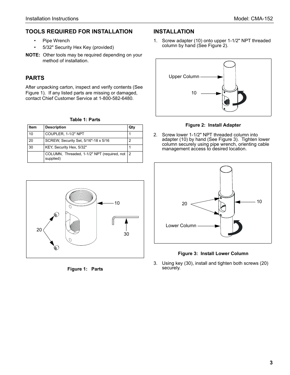 Tools required for installation, Parts, Installation | Chief Manufacturing NPT Threaded Coupler Accessory CMA-152 User Manual | Page 3 / 4